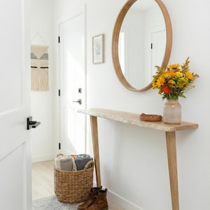 Live edge console table, slim hallway console, solid wood radiator shelf, mid century furniture image 6