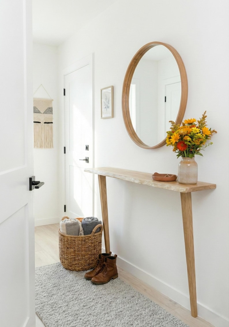 Live edge console table, slim hallway console, solid wood radiator shelf, mid century furniture image 6