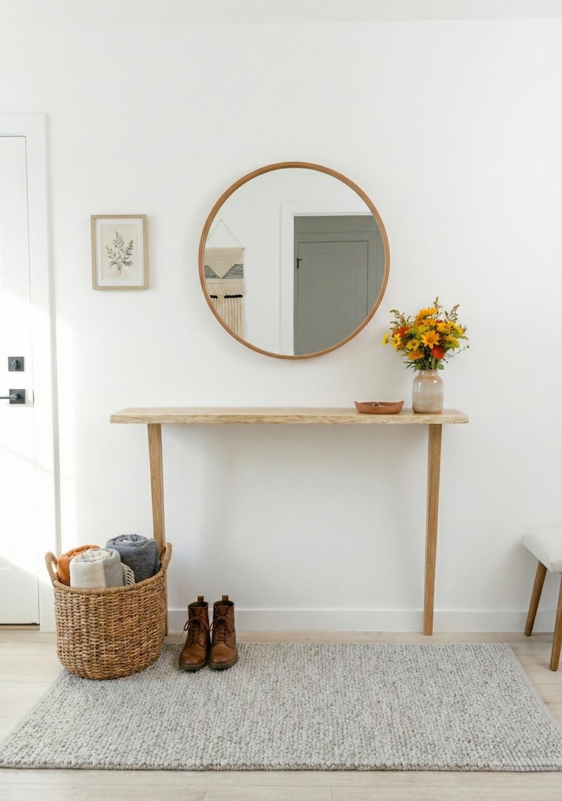 Live edge console table, slim hallway console, solid wood radiator shelf, mid century furniture image 7