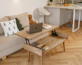 Mesa de centro con espacio de almacenamiento, escritorio elevable de madera, muebles de sala de estar, decoración moderna del hogar.