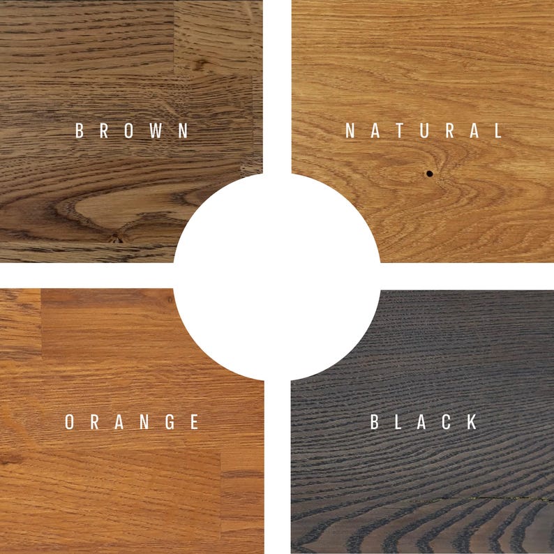 May include: A square image showcasing four wood samples in brown, natural, orange, and black. Each sample is labeled with its respective color name in white text. The wood grains are visible, highlighting the natural texture and variations.