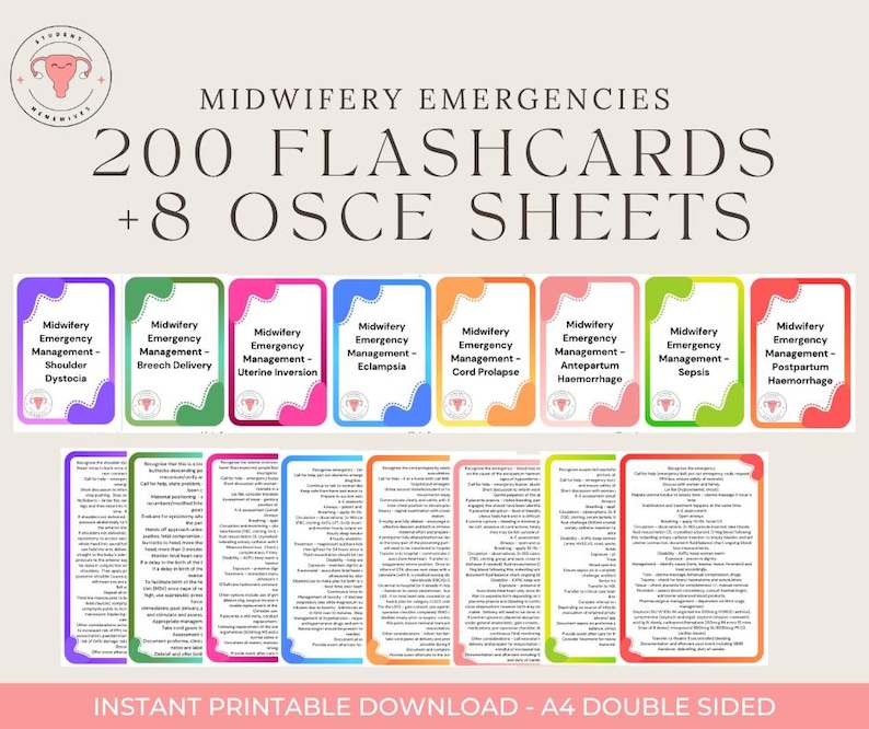 Osce Card Midwifery Emergency Flashcards Bundle (PDF Download, 8x Emergencies ...