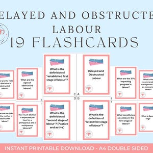 Puede incluir: Un conjunto de 19 tarjetas didácticas sobre el tema del trabajo de parto retrasado y obstruido. Las tarjetas tienen un borde rosa y presentan preguntas y definiciones relacionadas con el trabajo de parto y el parto. El texto del título está en negrita, fuente oscura.