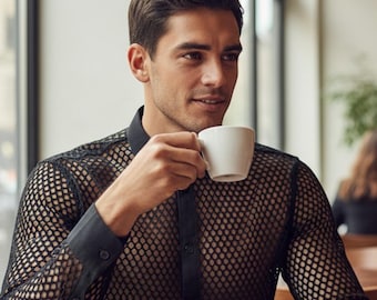 Camisa de malla para hombre, corte entallado, moderna, transparente, con botones, elegante.