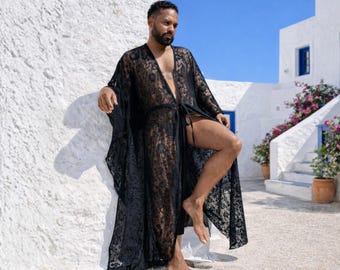 Men Kimono Robe / Long Tunic Kaftan / Mens Loungewear / Pool Party Garment / Caftan