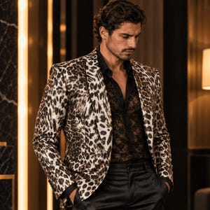 Könnte beinhalten: Ein Blazer mit braun-schwarzem Leopardenmuster und fallendem Revers, getragen über einem schwarzen Spitzenhemd mit Knopfleiste und einer schwarzen Hose. Der Blazer hat lange Ärmel mit geknöpften Manschetten und eine strukturierte, einreihige Passform.