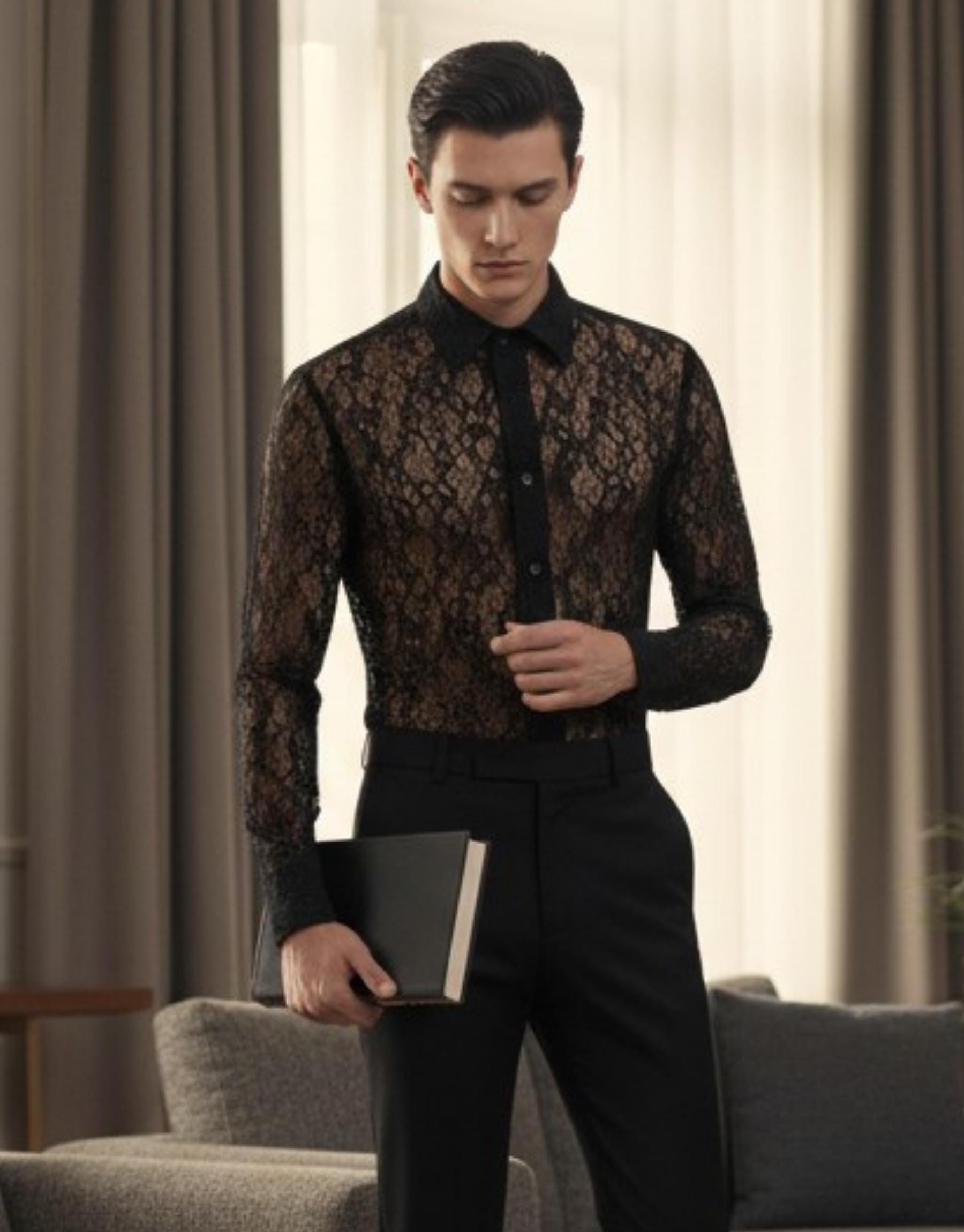 lace dress for men Linus Shirt up design allows you to adjust the neckline as needed Men's Gothic Ruffled Stand Collar