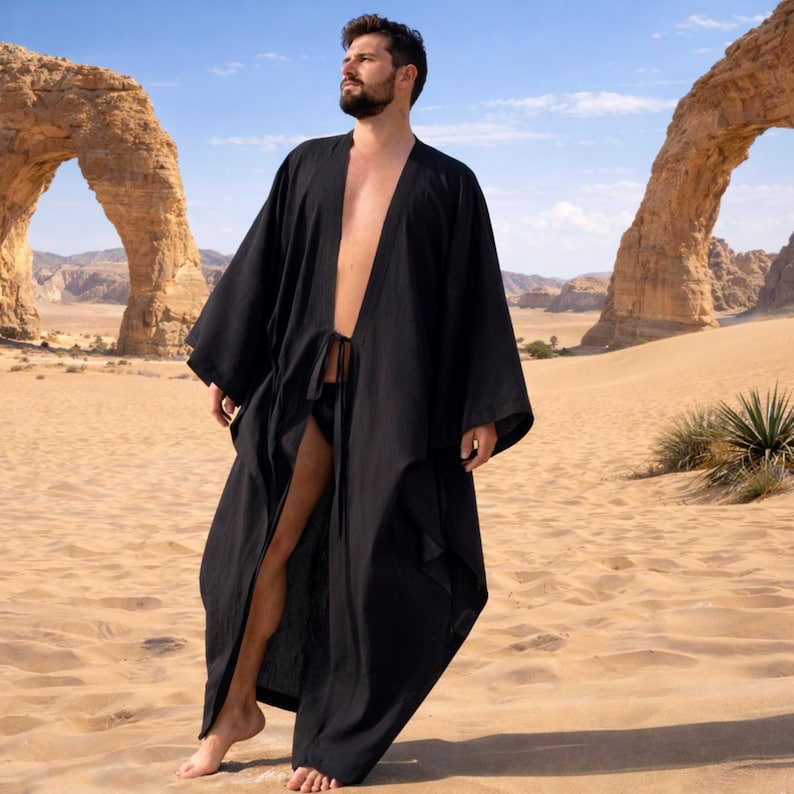 Men Kimono Robe / Long Tunic Kaftan / Mens Loungewear / Pool Party Garment / Caftan image 10