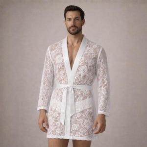 Men's Black Sheer Lace See-Through Kimono Robe & Thong Set | Long Sleeve