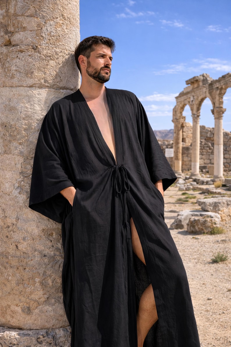 Men Kimono Robe / Long Tunic Kaftan / Mens Loungewear / Pool Party Garment / Caftan image 4