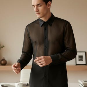 Sheer lace, chiffon or mesh men’s top designed for bold men, gay, bi, queer, trans and nonbinary individuals. Sensual see-through fabric with elegant, modern fit. Perfect for LGBTQ+ fashion lovers, clubwear, party outfits, Pride looks and romantic occasions. A unique statement piece for confidence and self-expression.