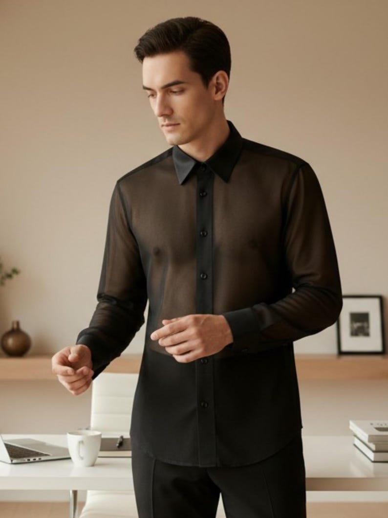 Sheer lace, chiffon or mesh men’s top designed for bold men, gay, bi, queer, trans and nonbinary individuals. Sensual see-through fabric with elegant, modern fit. Perfect for LGBTQ+ fashion lovers, clubwear, party outfits, Pride looks and romantic occasions. A unique statement piece for confidence and self-expression.