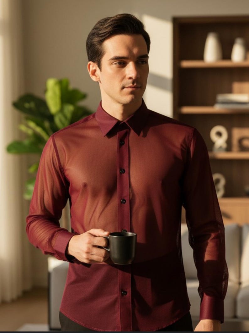 Sheer lace, chiffon or mesh men’s top designed for bold men, gay, bi, queer, trans and nonbinary individuals. Sensual see-through fabric with elegant, modern fit. Perfect for LGBTQ+ fashion lovers, clubwear, party outfits, Pride looks and romantic occasions. A unique statement piece for confidence and self-expression.