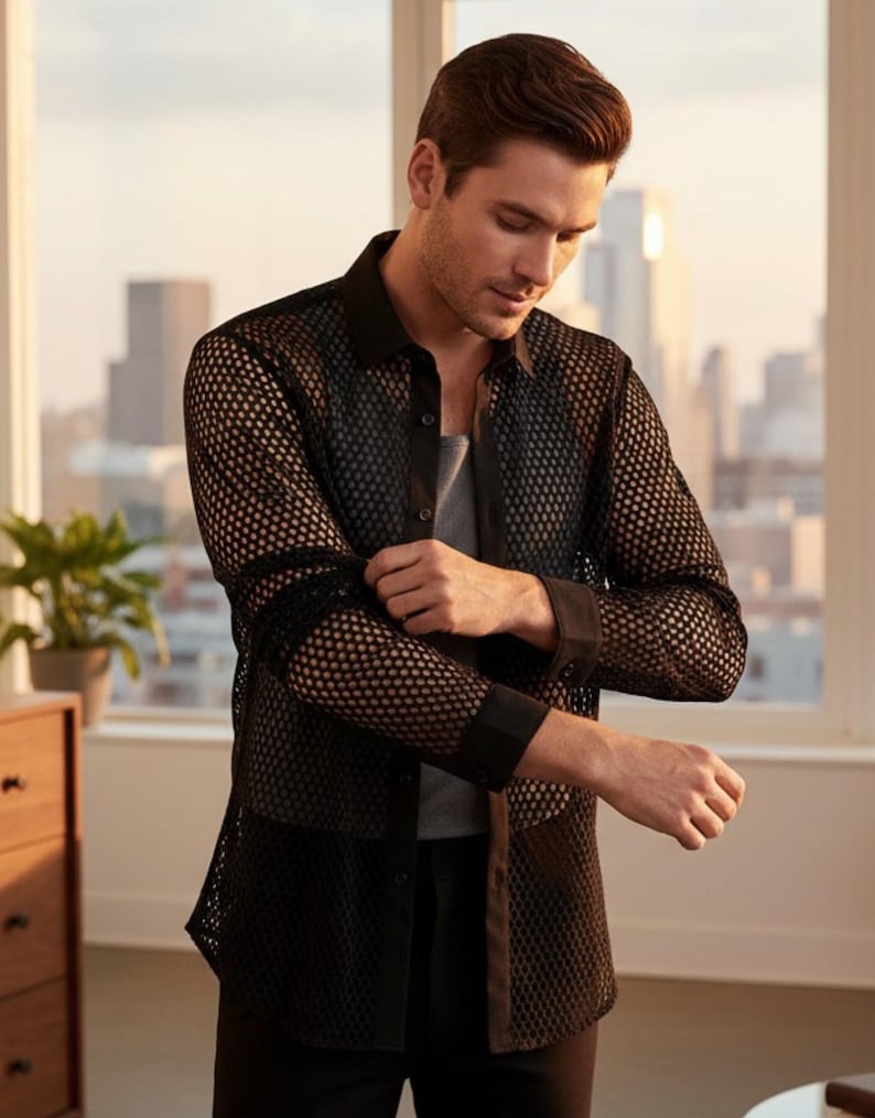 Camisa Transparente Negra Para Hombre – Camisa De Malla De Algodón, Manga Larga, Transpirable Y Cómoda, Ideal Para Playa O Vestir En Capas, Look Urbano