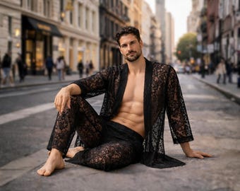 Men’s Black Lace Kimono Set – 3-Piece Loungewear, Resort Wear, Gift for Him