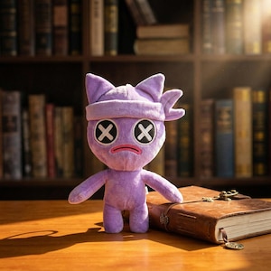 Può includere: Un peluche viola con un'espressione triste, occhi a forma di X e un copricapo. Il giocattolo è appoggiato su una superficie di legno con un libro rilegato in pelle e una libreria sullo sfondo. Le braccia del giocattolo sono tese.