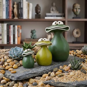 May include: Three smooth, rounded frog-shaped figurines in varying sizes and shades of green, each featuring wide, flat mouths and prominent white eyes with black pupils, arranged on a dark gray slate stone surrounded by small pebbles.