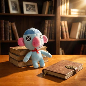 Puede incluir: Un peluche azul claro con orejas y nariz rosas, un gorro azul y una pajarita roja. El juguete tiene ojos negros en forma de cruz y está de pie sobre una pila de libros antiguos. También se ve un diario de cuero marrón con un cierre decorativo.