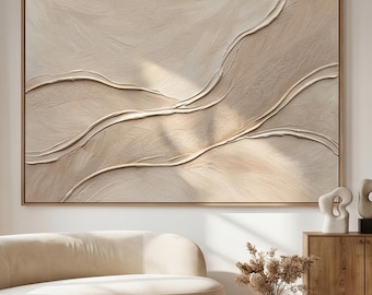 Cuadro abstracto al óleo, gran obra de arte mural texturizada, arte mural minimalista neutro, pintura abstracta, arte moderno sobre lienzo, decoración de lujo para la pared de la sala de estar.