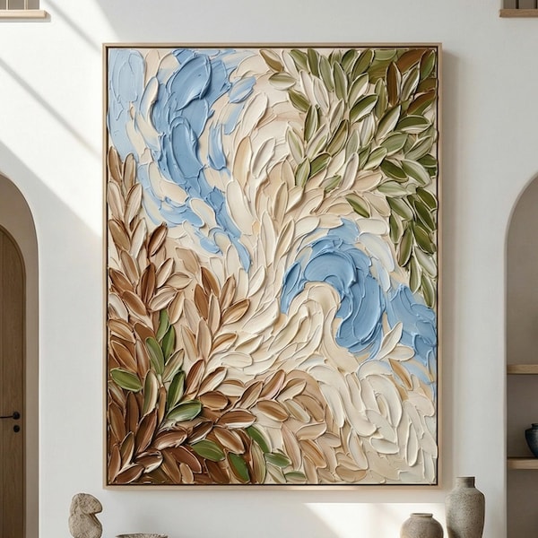 Dipinto a olio originale floreale 3D su tela, decorazione da parete con foglie astratte e texture, regalo personalizzato, decorazione da parete per soggiorno