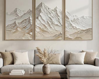 Originele 3D minimalistische getextureerde muurkunst set van 3, berg canvas schilderij in neutrale tinten Wabi-Sabi-stijl muurkunst voor woonkamer decor