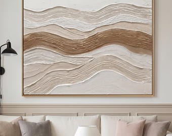 Ocean Wave 3D Textured Abstract Oil Painting, Beige Impasto Seascape Artwork, Minimalist Plaster Style Wall, Nordic Living Room Home Decor