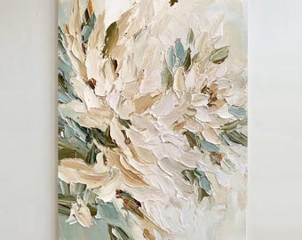 Arte strutturata beige bianca 3D, dipinto a olio astratto floreale su tela, arte murale minimalista realizzata con spatola morbida, grande decorazione moderna per la casa neutra