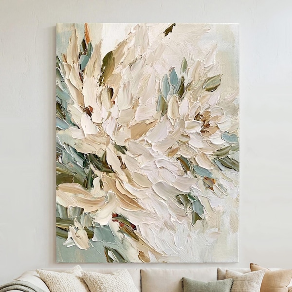 3D Beige White Textured Art, Floral Abstract Oil Painting On Canvas, Minimalist Soft Palette Knife Wall Art, Large Modern Neutral Home Deocr