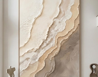 Arte astratta minimalista beige kaki, dipinto murale bianco con texture, dipinto con texture a onde, dipinto decorativo fatto a mano, decorazione murale per soggiorno