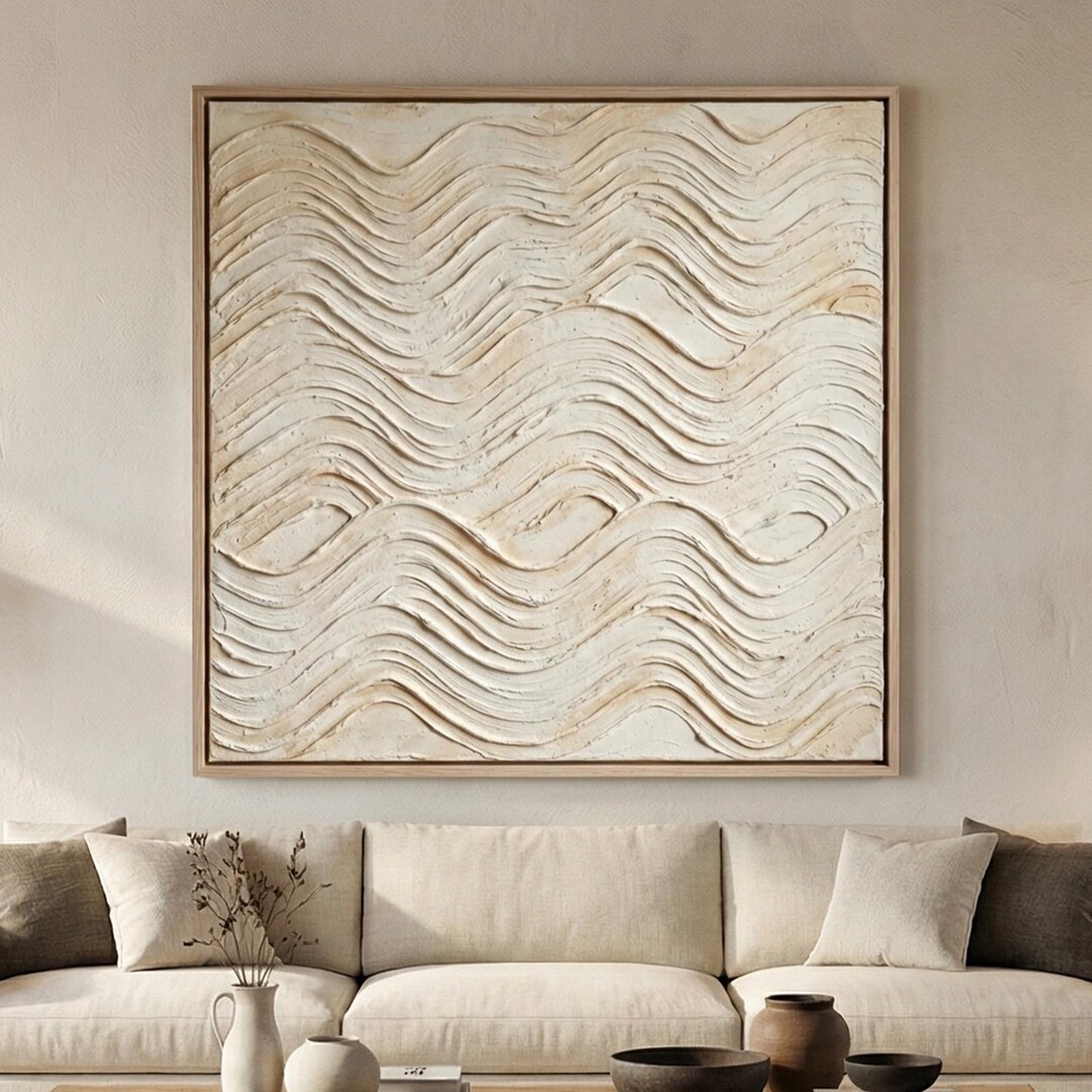 3D Textured Wall Art Beige Minimalist Beach Painting, Ocean Wave Canvas ...
