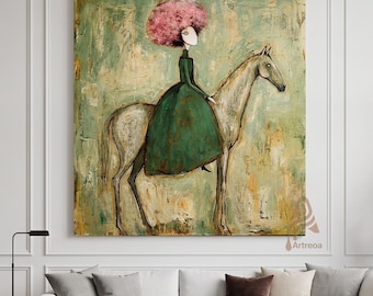 Vrouw met roze bloemen in haar te paard, olieverfschilderij, speelse folkloristische kunst met textuur, abstracte ruiter wanddecoratie, groot groen boho rustiek huis