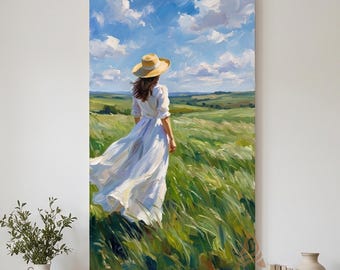 Dreamy Freedom Woman Figure Oil Painting, Colorful Floral Landscape Canvas Wall Art, 3D Abstract Romantic Artwork, Modern Rustic Home Decor
