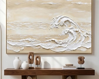 Gran cuadro de pared con textura horizontal 3D de olas oceánicas, pintura abstracta en lienzo color beige, paisaje marino costero panorámico moderno, decoración minimalista para el hogar.