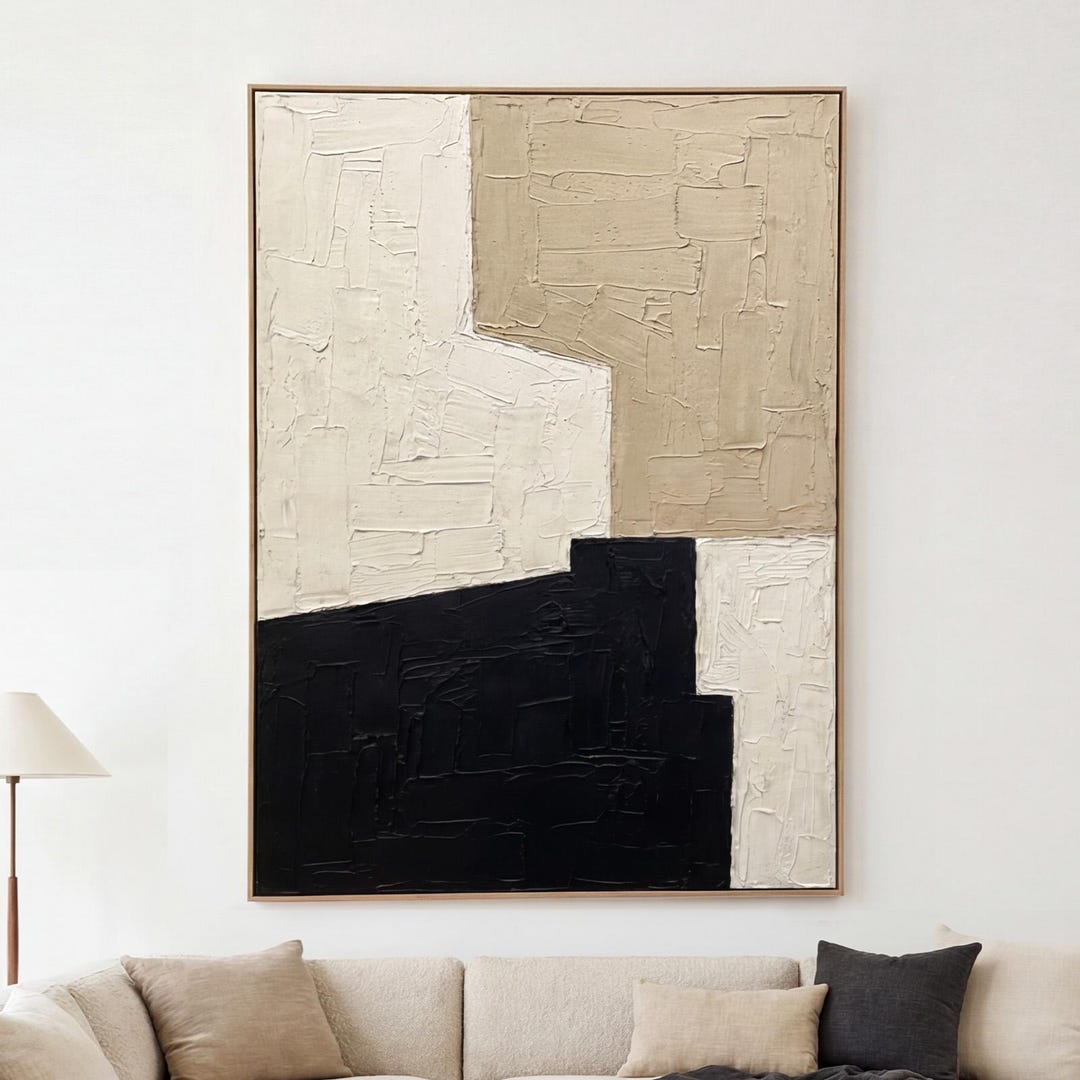 Large Beige Texture Canvas Art, Beige & Black Minimalist Abstract ...