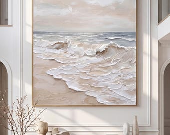 Large Textured Ocean Wave Painting, 3D Impasto Coastal Wall Art, Neutral Beach Canvas Art, Wabi Sabi Living Room Decor, Modern Seascape Art.