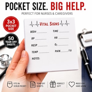 May include: A square white notepad with 50 tear-off sheets measuring 3x3 inches. The paper features a printed medical chart with the text VITAL SIGNS, BED#, TIME, BP, HR, RESP, O2, TEMP, PAIN /10, and NOTES, accompanied by a black heartbeat line graphic.