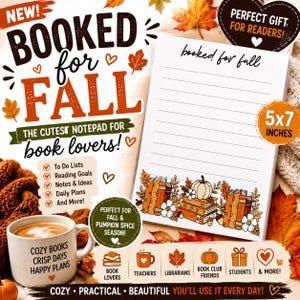 May include: A 5x7 inch notepad with lined paper featuring a bottom border of stacked books, pumpkins, and autumn leaves. The top of the page reads booked for fall. A ceramic mug with the text COZY BOOKS CRISP DAYS HAPPY PLANS sits nearby.