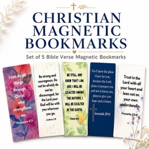 May include: A set of five rectangular magnetic bookmarks featuring Bible verses. The designs include watercolor flowers, green leaves, and solid navy blue with white text. Each bookmark displays a unique scripture passage and reference.