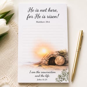 He Is Risen Christian Notepad, Journal, Bible Study Notes Pad, Matthew 28:6 Gift for Christian, Faith based Stationery, Church gift