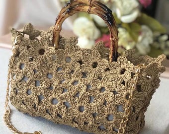 Örgü motif çanta astarlı bambu saplı büyük boy