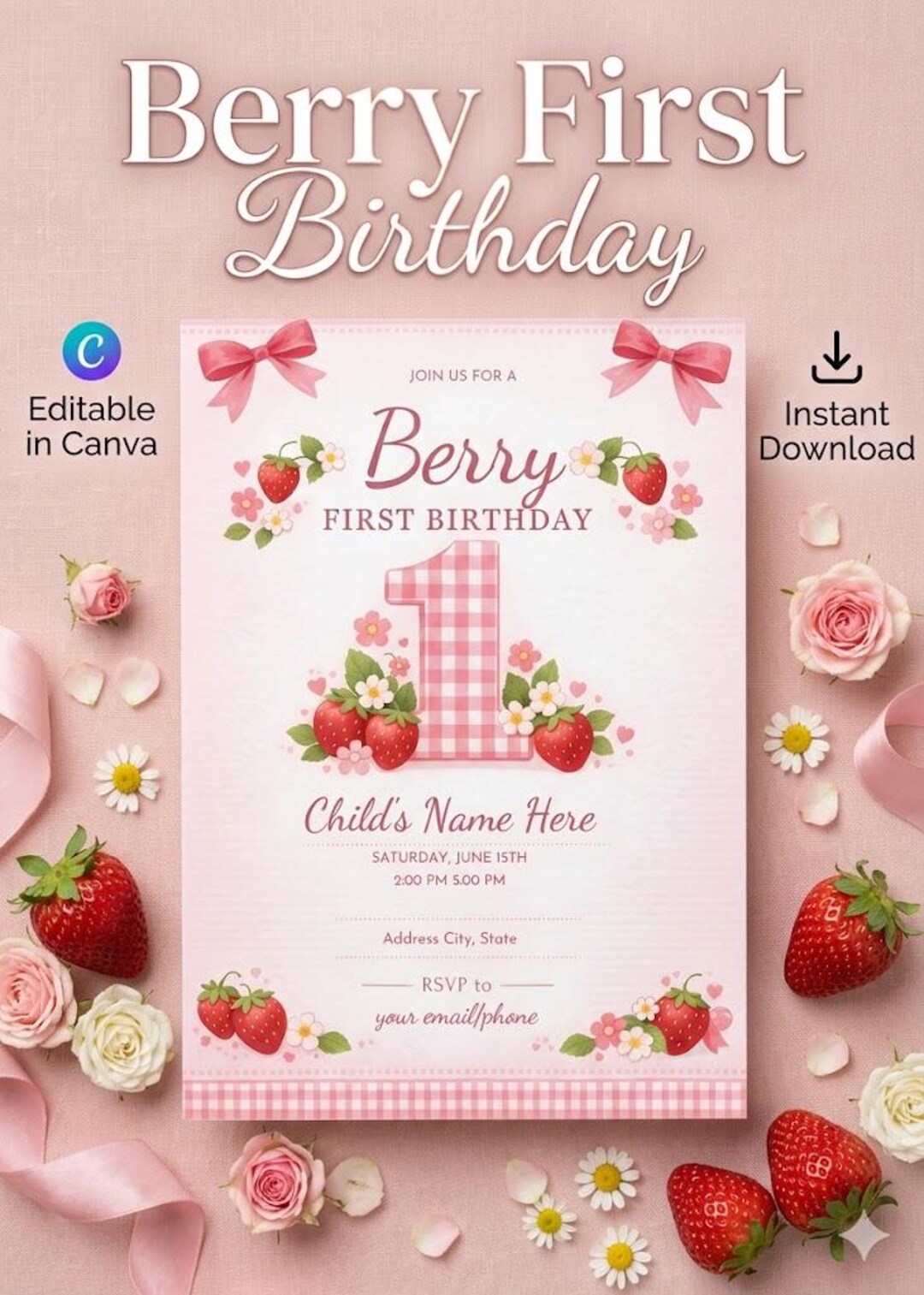 Berry First Birthday Invitation Template, Strawberry Gingham Pink Bow ...