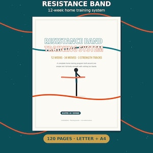Könnte beinhalten: Ein 120-seitiger Trainingsleitfaden für Widerstandsbänder mit dem Text RESISTANCE BAND 12-week home training system, 12 WEEKS - 34 MOVES - 3 STRENGTH TRACKS und einer Strichmännchen-Illustration, das ein Widerstandsband benutzt.