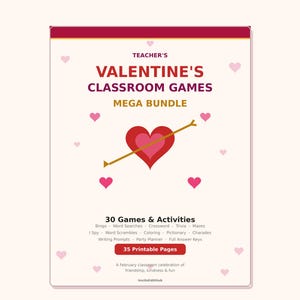 Paquete de juegos para el aula de San Valentín / 35 juegos imprimibles para profesores: bingo, preguntas y respuestas, sopa de letras, crucigramas, laberintos y más.