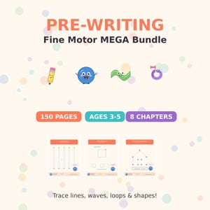 Pode incluir: Um conjunto educativo Pre-Writing Fine Motor MEGA Bundle com 150 páginas, 8 capítulos e atividades para idades de 3 a 5 anos. O gráfico inclui personagens de desenhos animados, folhas de exercícios para traçar linhas, formas e laços, e o texto: Trace lines, waves, loops & shapes!
