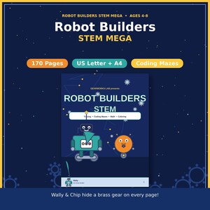 Roboter-Bau-Megapaket, 170 Roboter-Arbeitsblätter für Kinder von 4-8 Jahren, STEM-Übungen, Mathematik, Programmieren, Labyrinthe, Ausmalen, druckbarer Download