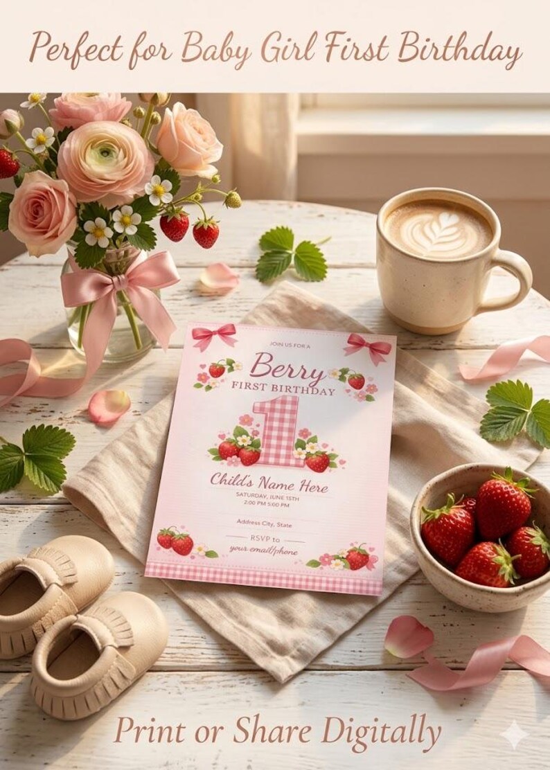 Berry First Birthday Invitation Template, Strawberry Gingham Pink Bow ...