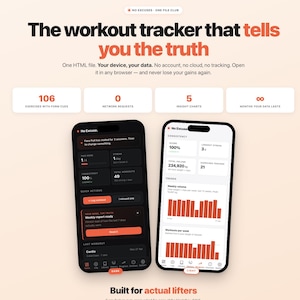 May include: An advertisement for a workout tracker app. Two smartphones show the app's interface, displaying workout data and metrics. The text reads "The workout tracker that tells you the truth."