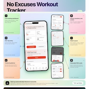 Puede incluir: Interfaz de aplicación de seguimiento de fitness digital titulada "No Excuses Workout Tracker". La aplicación muestra datos de entrenamiento, seguimiento del progreso y funciones como entrada con un toque y tarjetas PNG compartibles. La combinación de colores es blanco, negro y varios colores pastel.