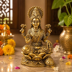 May include: A gold-toned statue of the Hindu goddess Lakshmi seated in a cross-legged position on a lotus flower base. The figure features an ornate crown, layered necklaces, and multiple arms, with two hands holding lotus blossoms and two hands open.