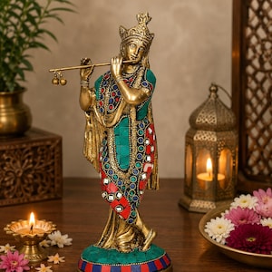 Lord Krishna idol som spelar flöjtfigur, skulptur, dekorativ prydnad för heminredning, vardagsrum, Pooja-rum, mandir, tempelhöjd 25 cm